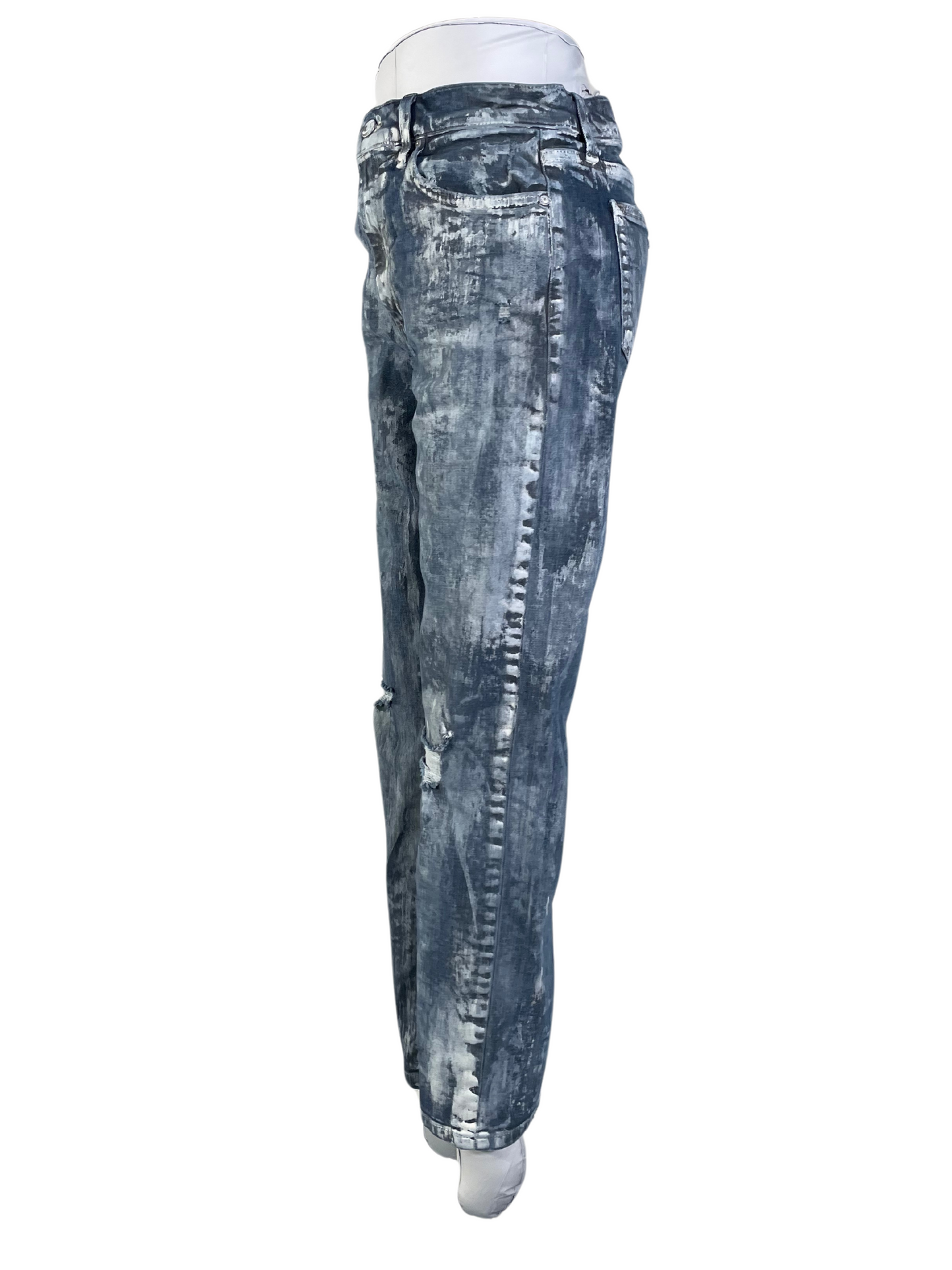 Left side seam view of painted Aden Bera Denim jeans